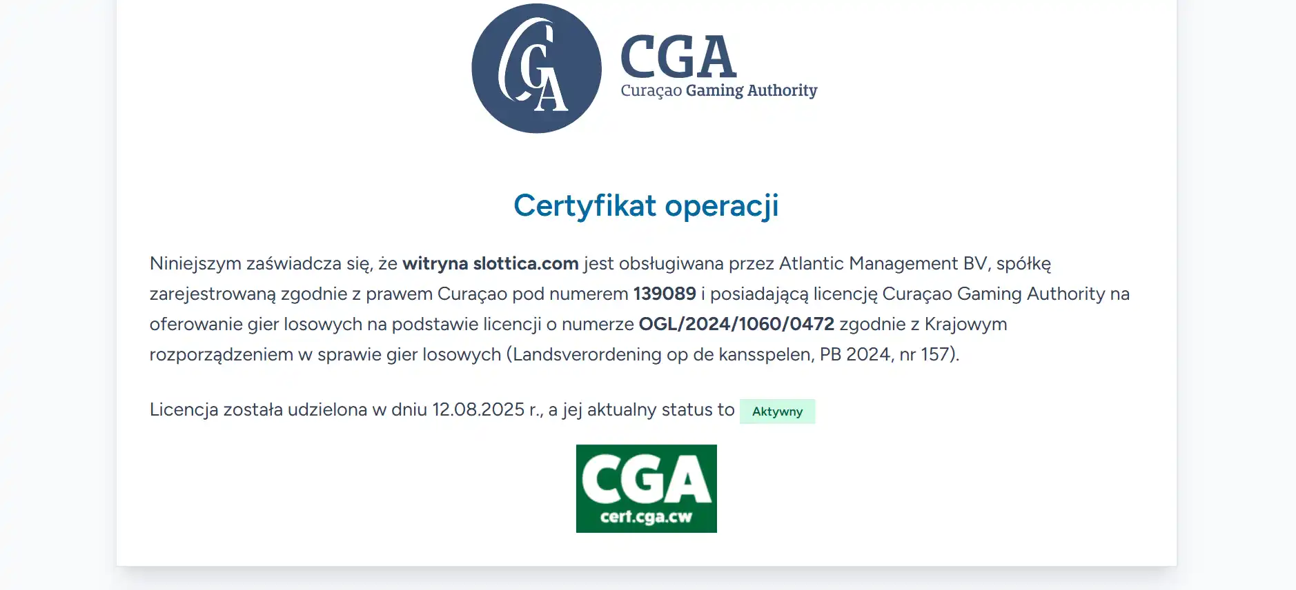 Oficjalny certyfikat Curaçao Gaming Authority dla Slottica